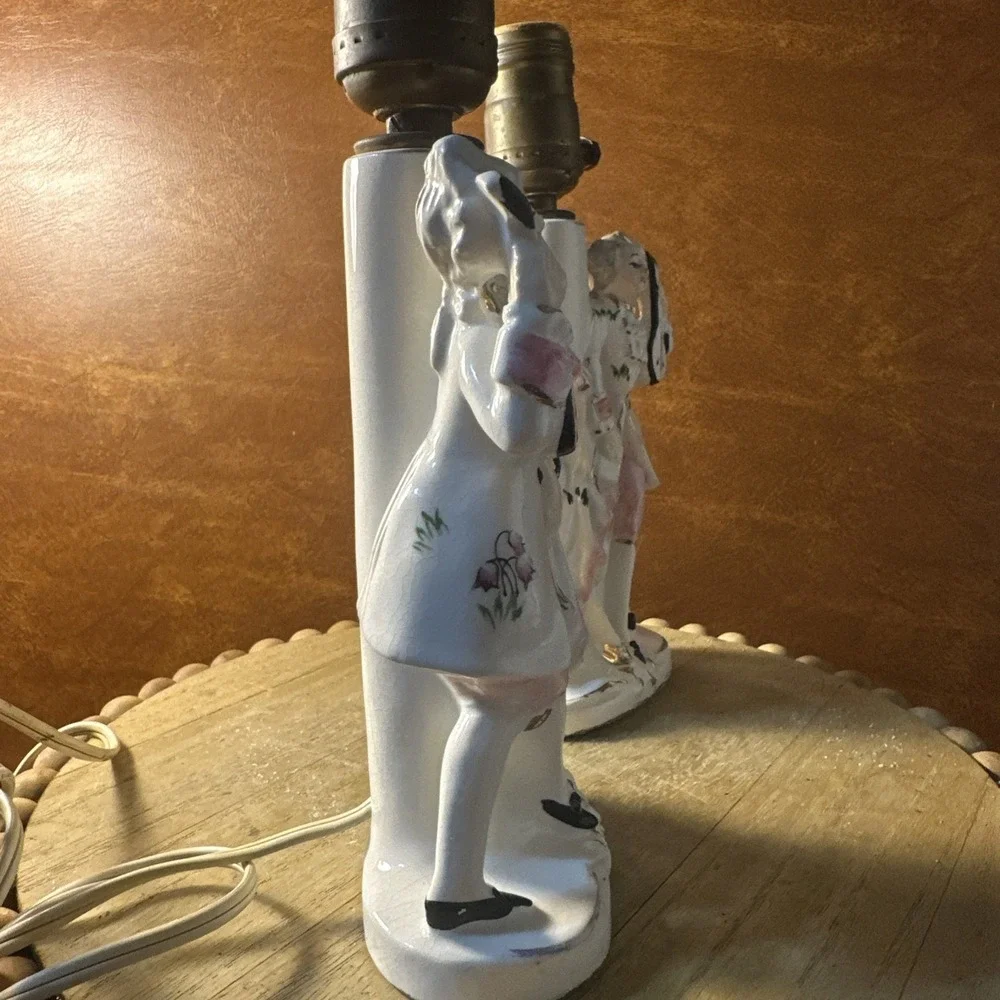 Pair Wonderful Vintage Japan Figural Boudoir Lamps Musicians Pink Floral Gold